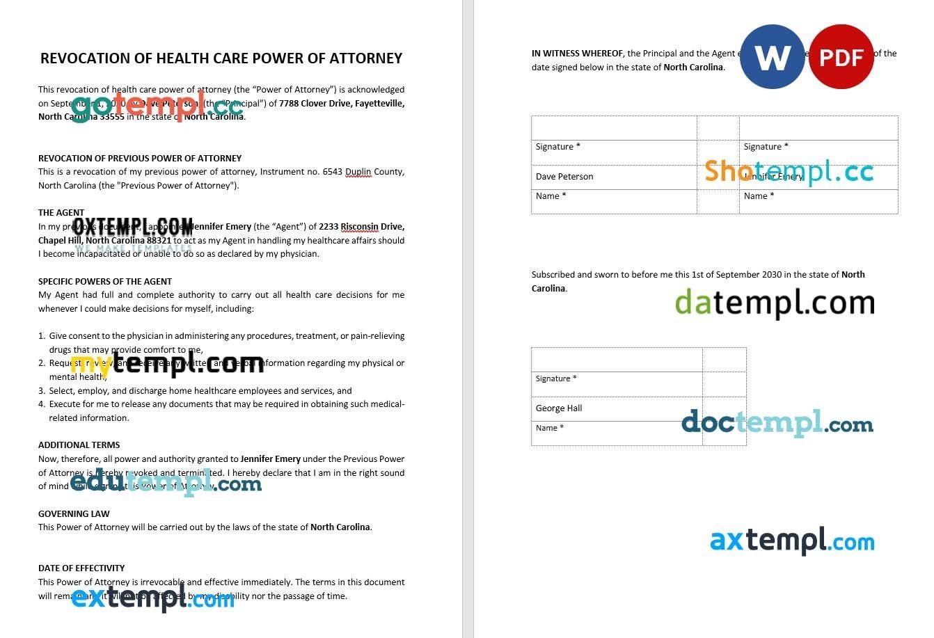 Revocation of Health Care Power of Attorney example, fully editable