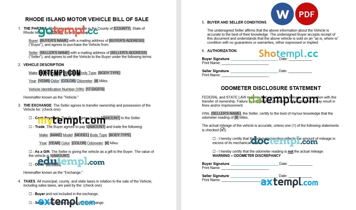 Rhode Island Motor Vehicle Bill of Sale example, fully editable