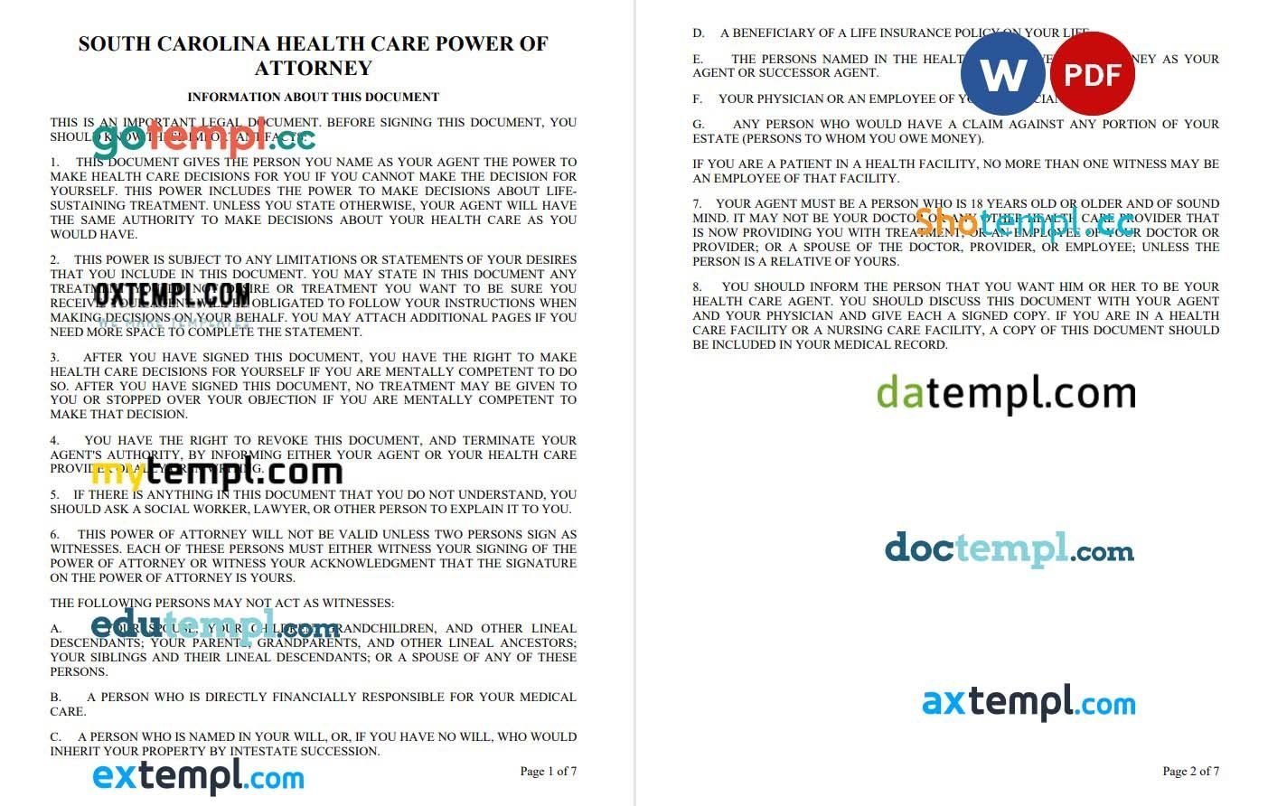 SC Health Care Power of Attorney example, fully editable