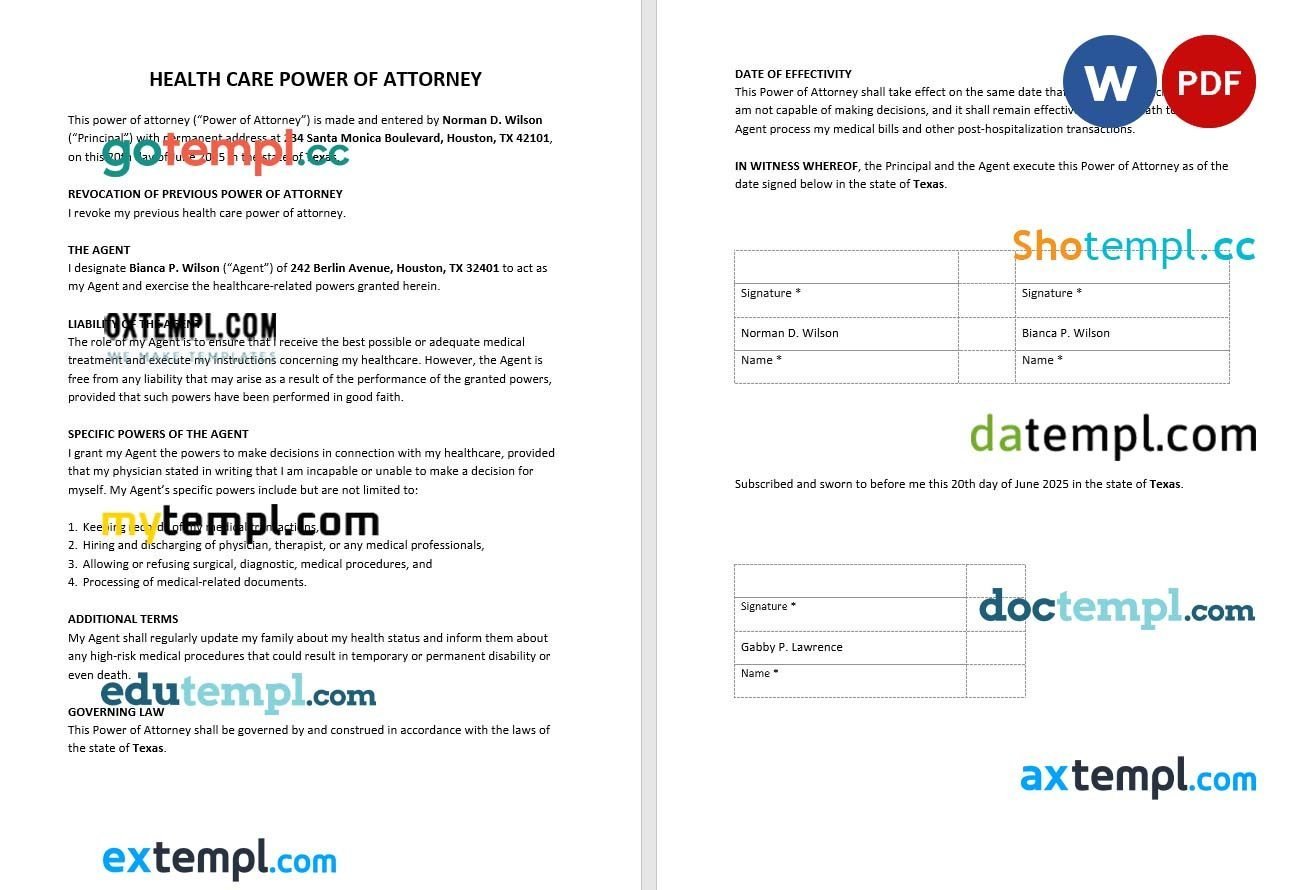 Sample of Health Care Power of Attorney example, fully editable
