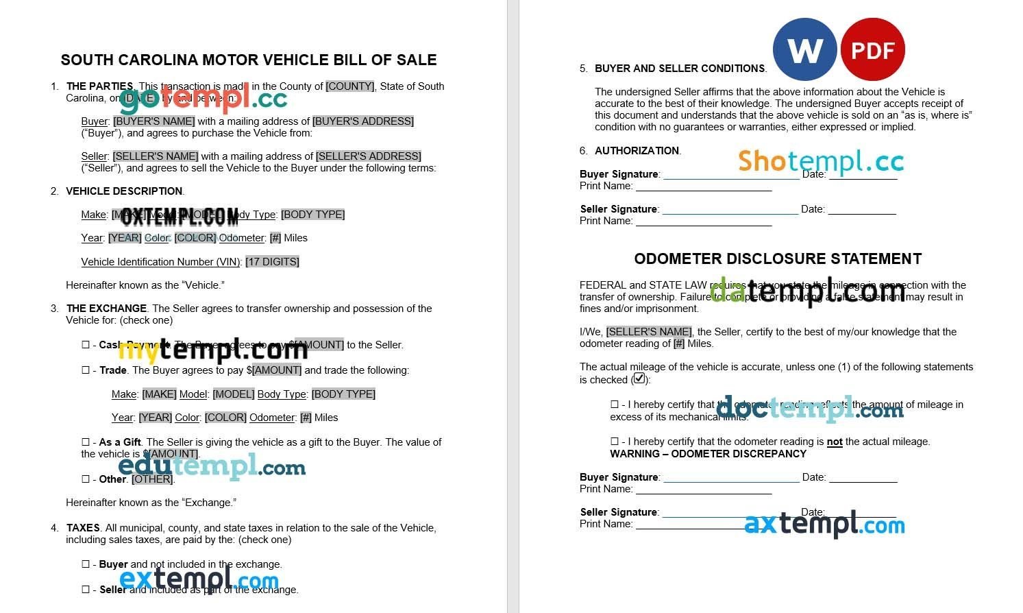 South Carolina Motor Vehicle Bill of Sale example, fully editable