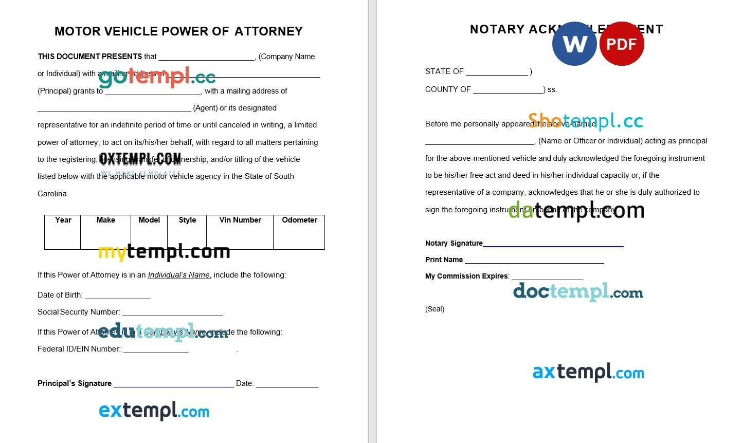 South Carolina Motor Vehicle Power of Attorney Form example, fully editable