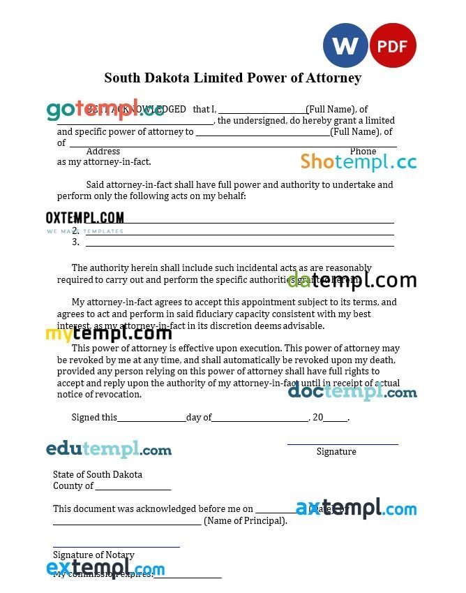 South Dakota Limited Power of Attorney example, fully editable