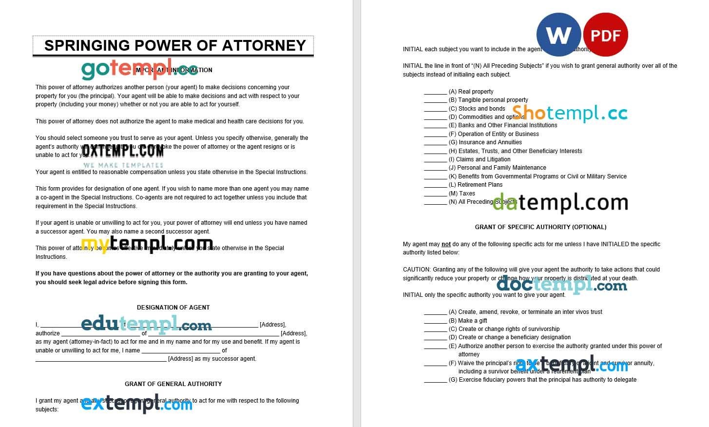Springing Power of Attorney example, fully editable