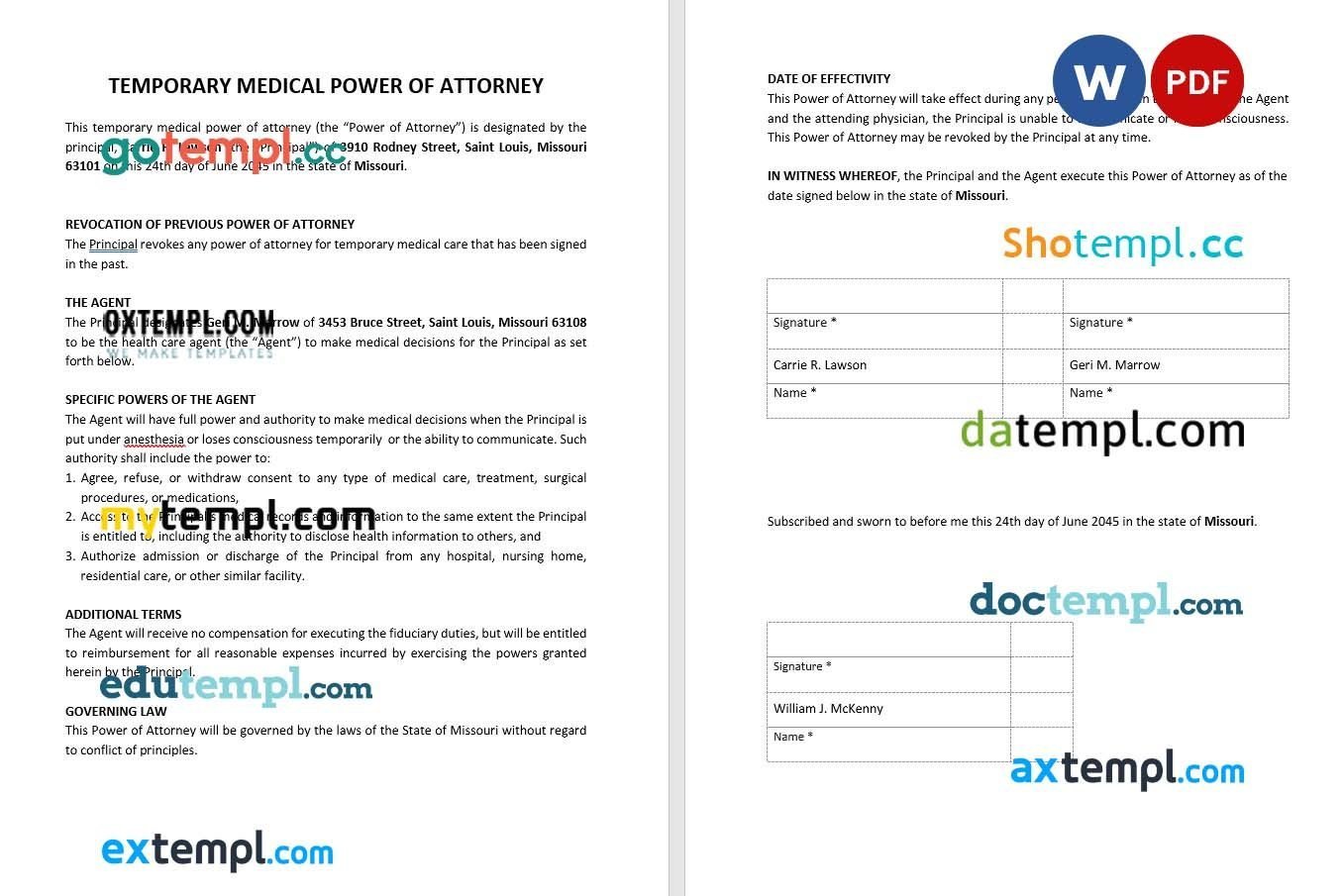 Temporary Medical Power of Attorney example, fully editable