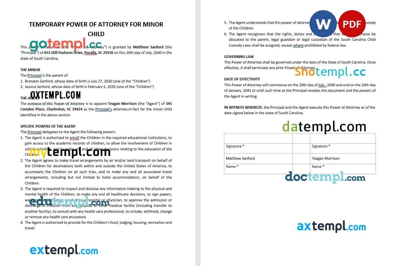 Temporary Power of Attorney for Minor Child example, fully editable
