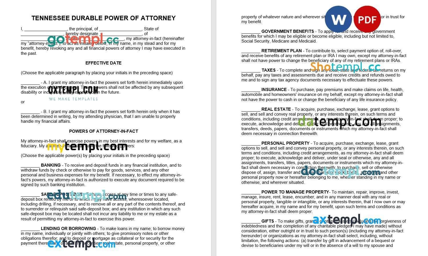 Tennessee Durable Financial Power of Attorney Form example, fully editable