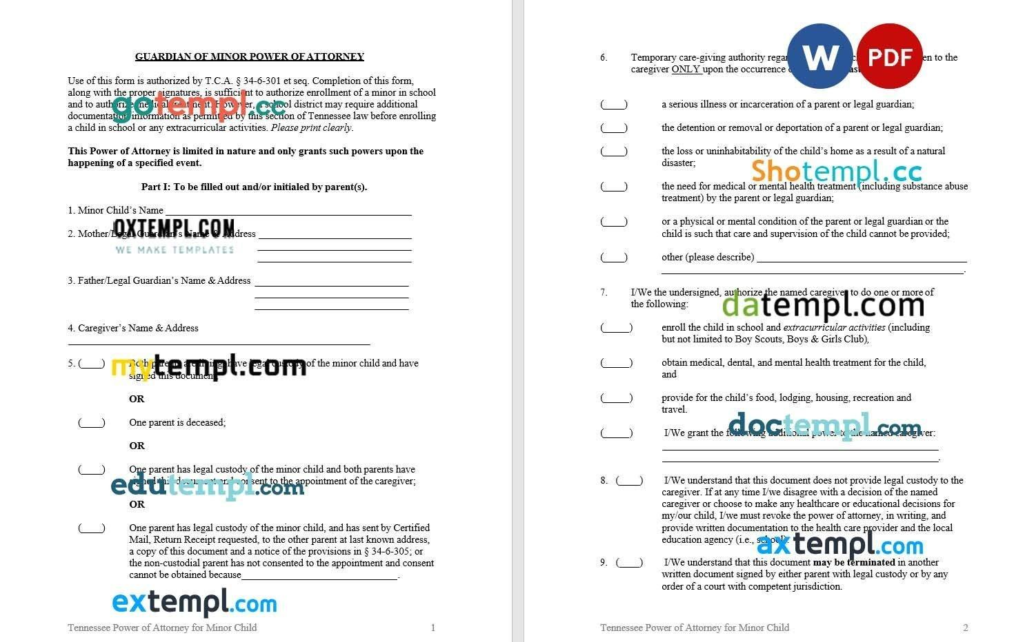 Tennessee Guardian of Minor Power of Attorney example, fully editable