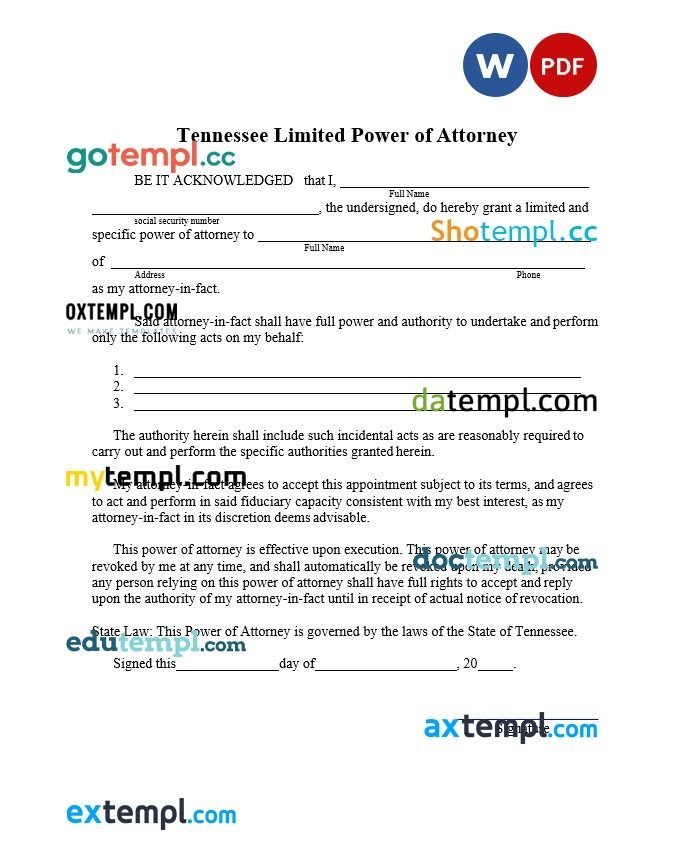Tennessee Limited Power of Attorney example, fully editable