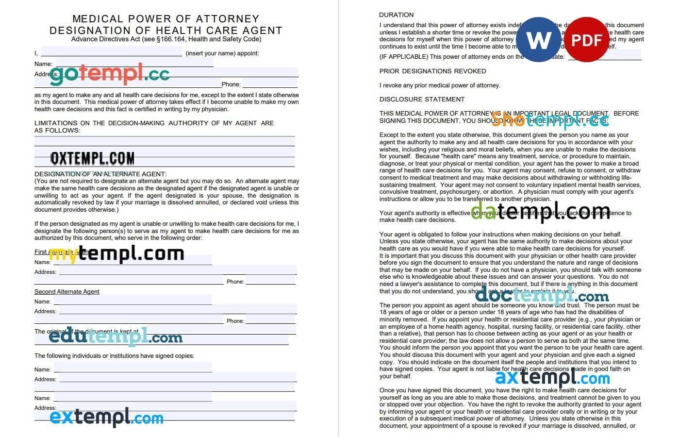Texas Durable Power of Attorney Form for Health Care 1 example, fully editable
