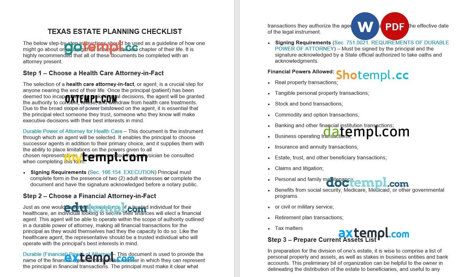 Texas Estate Planning Checklist example, fully editable