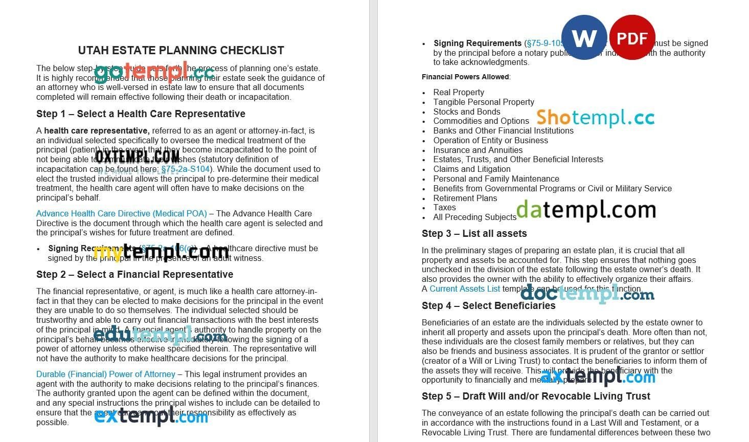 Utah Estate Planning Checklist example, fully editable