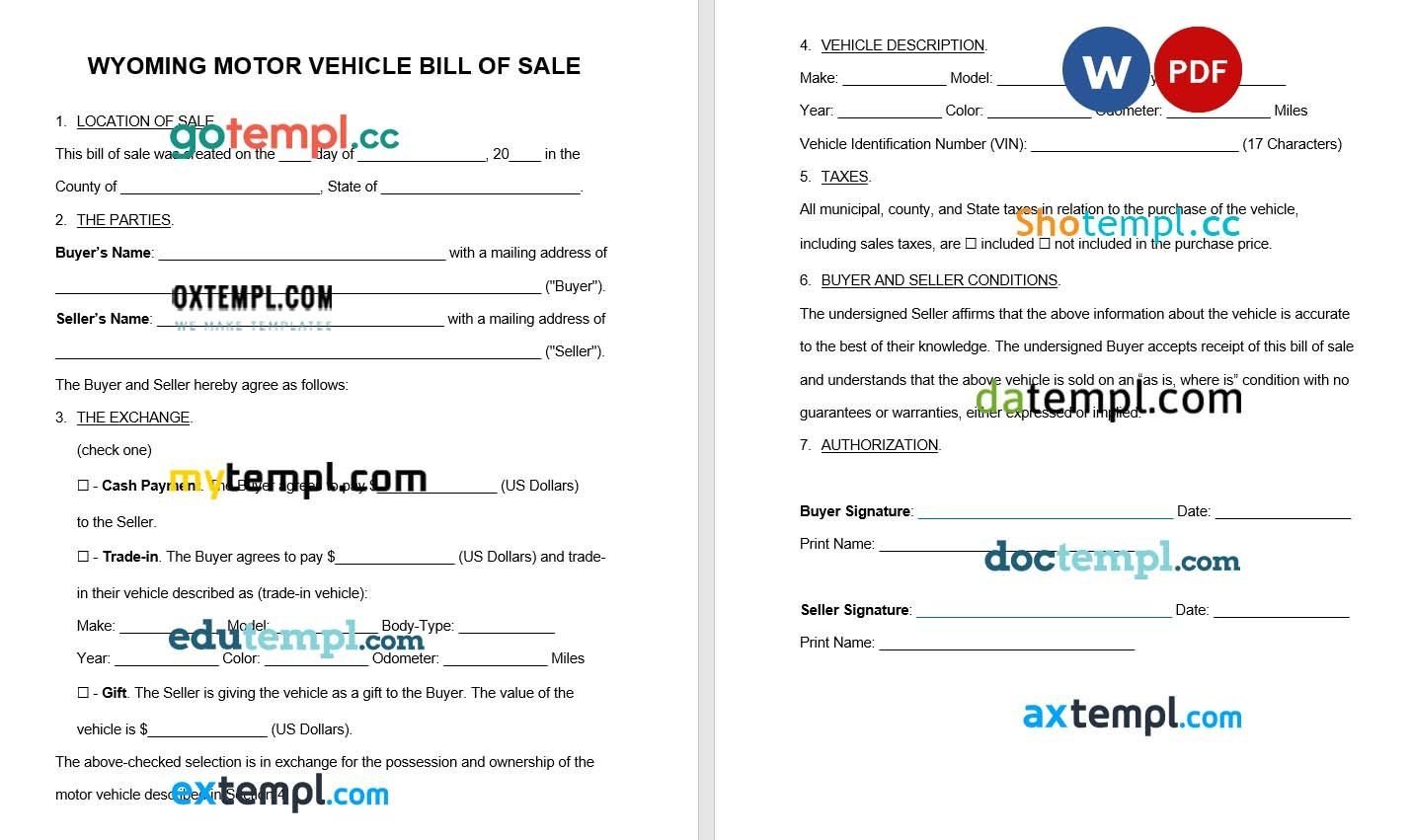 Wyoming Vehicle Bill of Sale example, fully editable