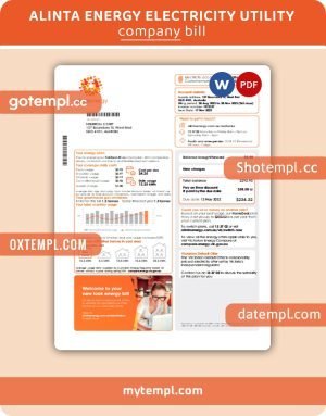 Alinta energy electricity business utility bill, Word and PDF template