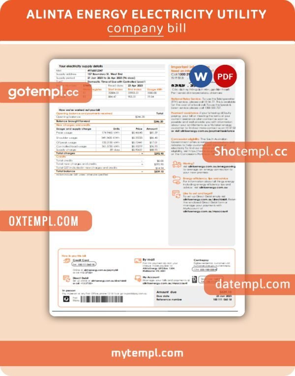 Alinta energy electricity business utility bill, Word and PDF template