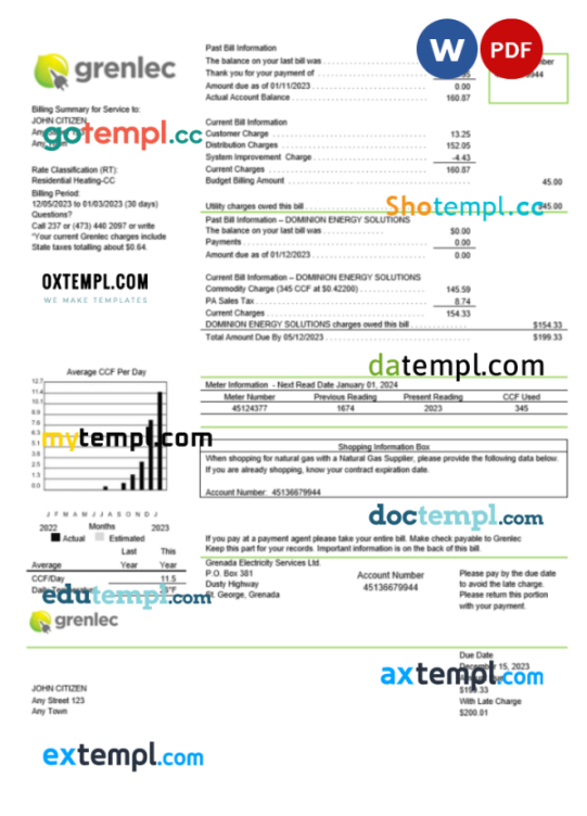 Grenada Electricity Services utility bill Word and PDF template