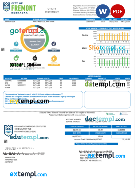 USA City of Fremont Nebraska utility bill Word and PDF template