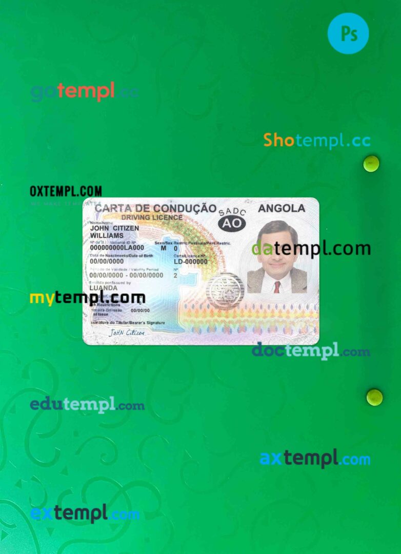 Angola driving license PSD files, scan look and photographed image, 2 in 1 (2018-2028)
