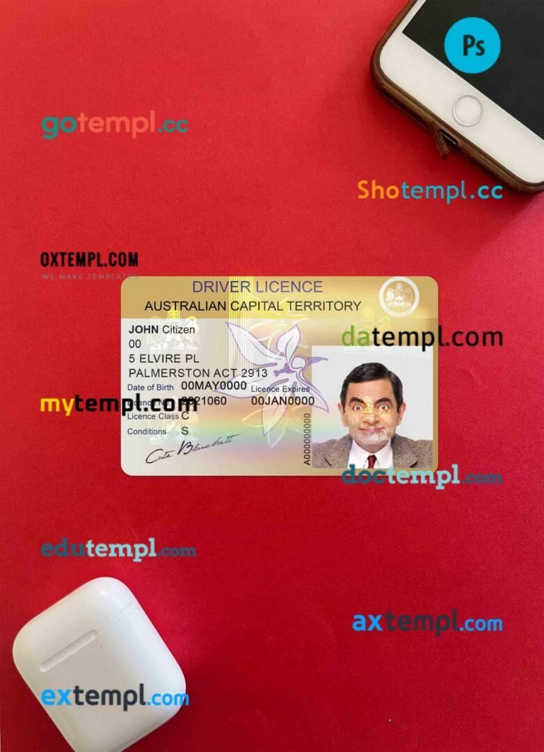 Australia Capital state driving license PSD files, scan look and photographed image, 2 in 1
