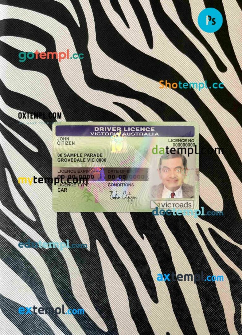 Australia Victoria state driving license PSD files, scan look and photographed image, 2 in 1
