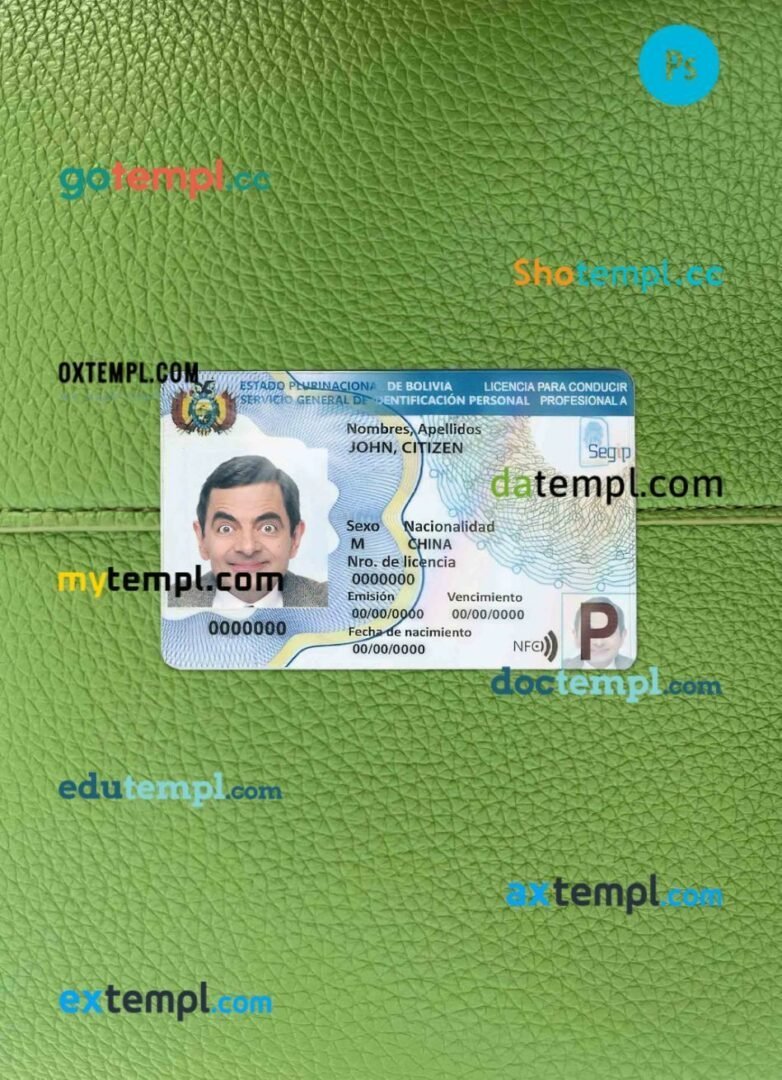 Bolivia driving license editable PSD files, scan look and photo-realistic look, 2 in 1 (2017-present)