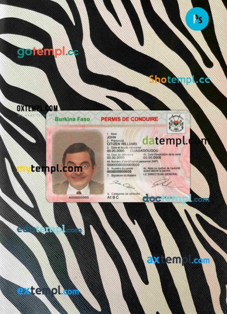 Burkina Faso driving license editable PSD files, scan look and photo-realistic look, 2 in 1