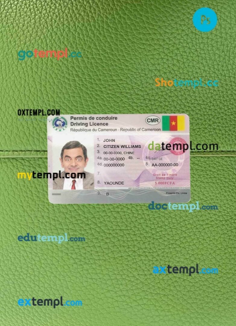 Cameroon driving license editable PSD files, scan look and photo-realistic look, 2 in 1