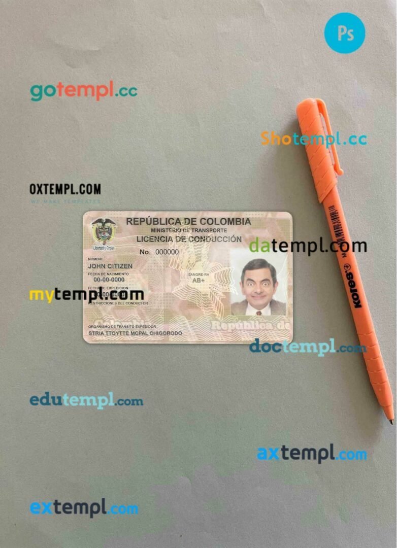 Colombia driving license editable PSD files, scan look and photo-realistic look, 2 in 1