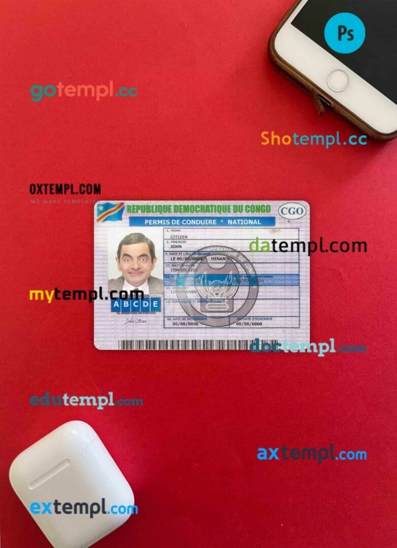 Congo driving license editable PSD files, scan look and photo-realistic look, 2 in 1 (version 2)