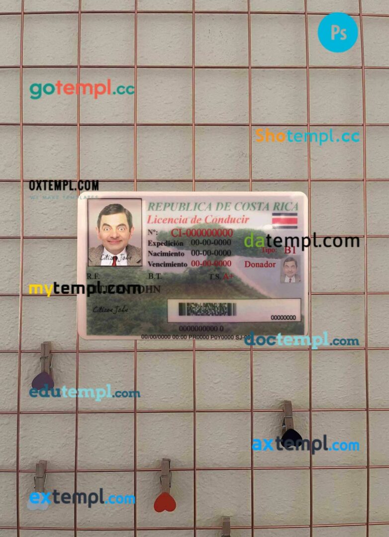 Costa Rica driving license PSD files, scan look and photographed image, 2 in 1