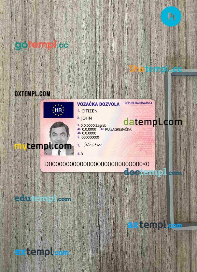 Croatia driving license PSD files, scan look and photographed image, 2 in 1