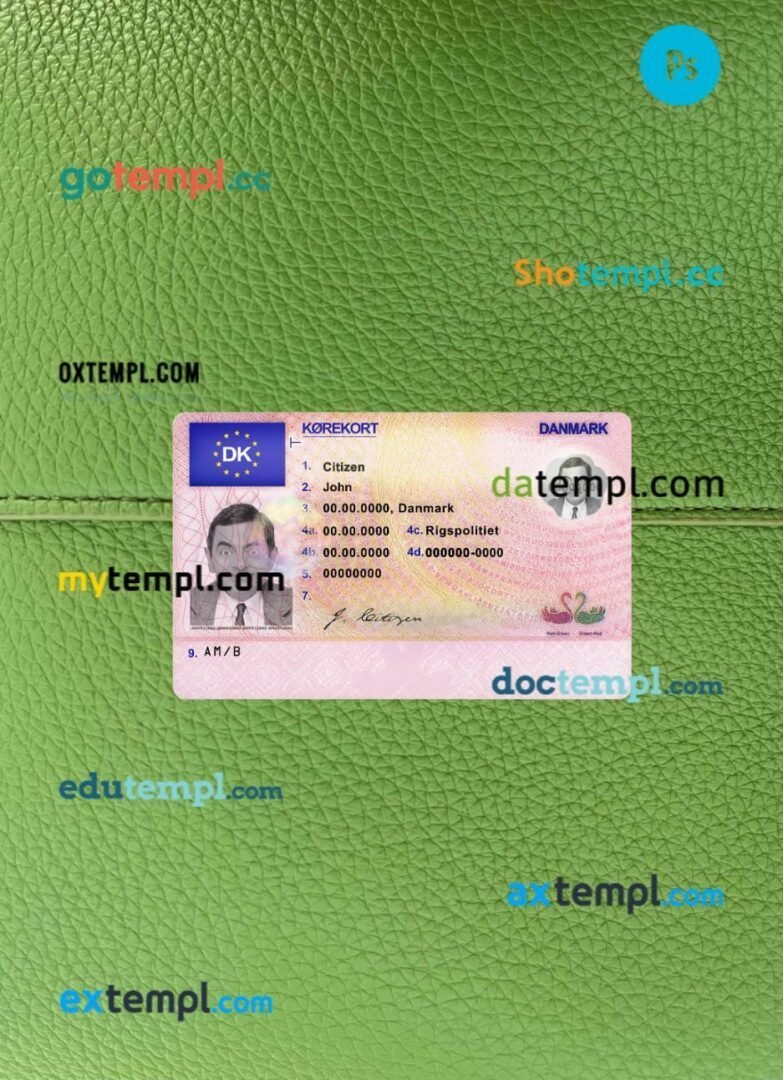 Denmark driving license editable PSD files, scan look and photo-realistic look, 2 in 1