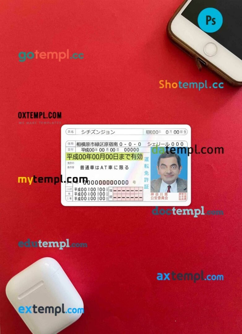 Japan driving license editable PSD files, scan look and photo-realistic look, 2 in 1 (version 2)