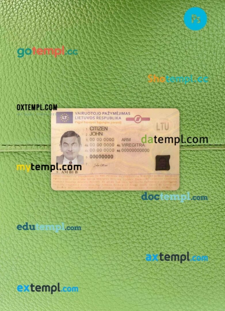 Lithuania driving license editable PSD files, scan look and photo-realistic look, 2 in 1