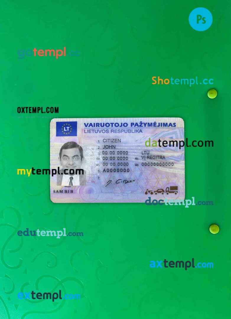 Litva (Lithuania) driving license PSD files, scan look and photographed image, 2 in 1