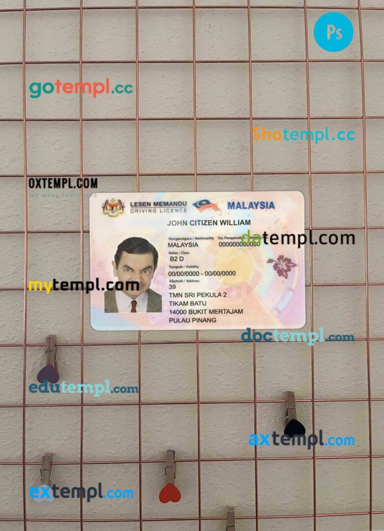Malaysia driving license PSD files, scan look and photographed image, 2 in 1