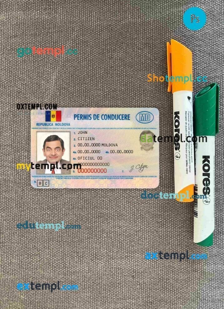 Moldova driving license editable PSD files, scan look and photo-realistic look, 2 in 1