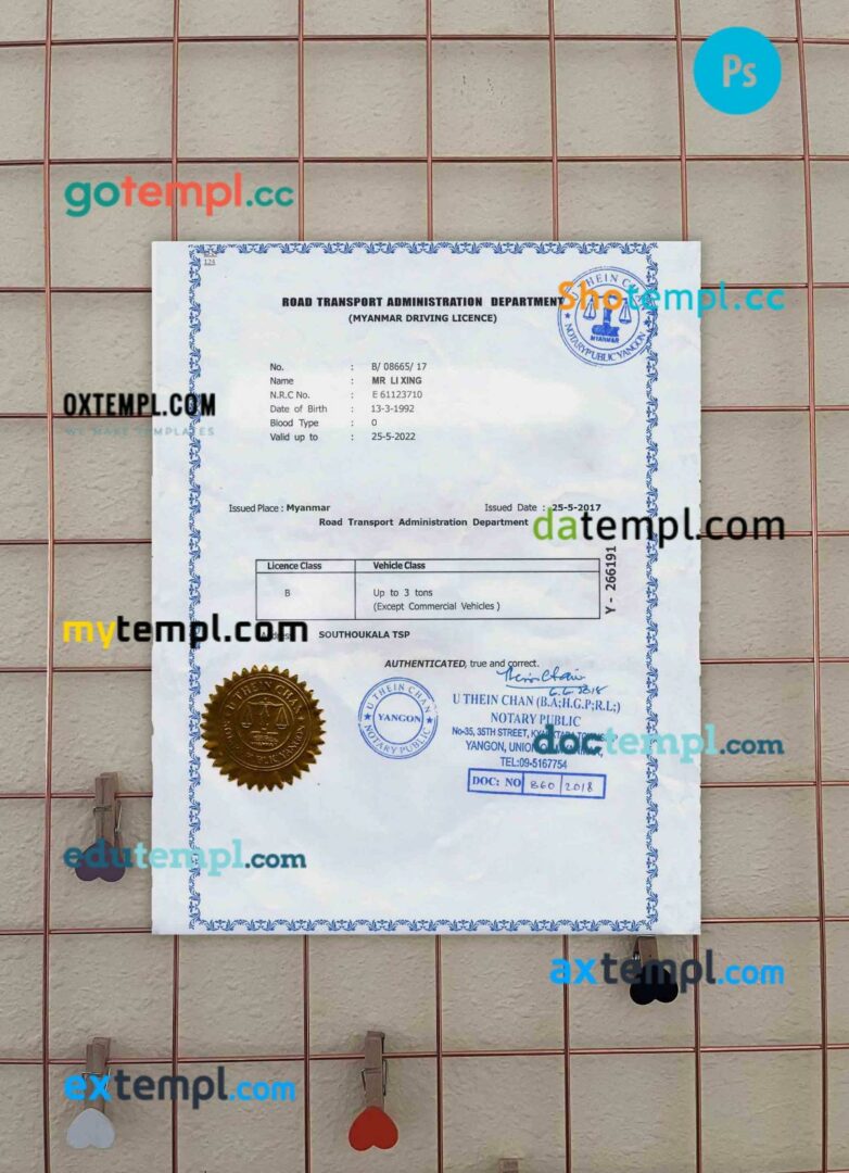 free download Myanmar driving license PSD files, scan look and photographed image, 2 in 1