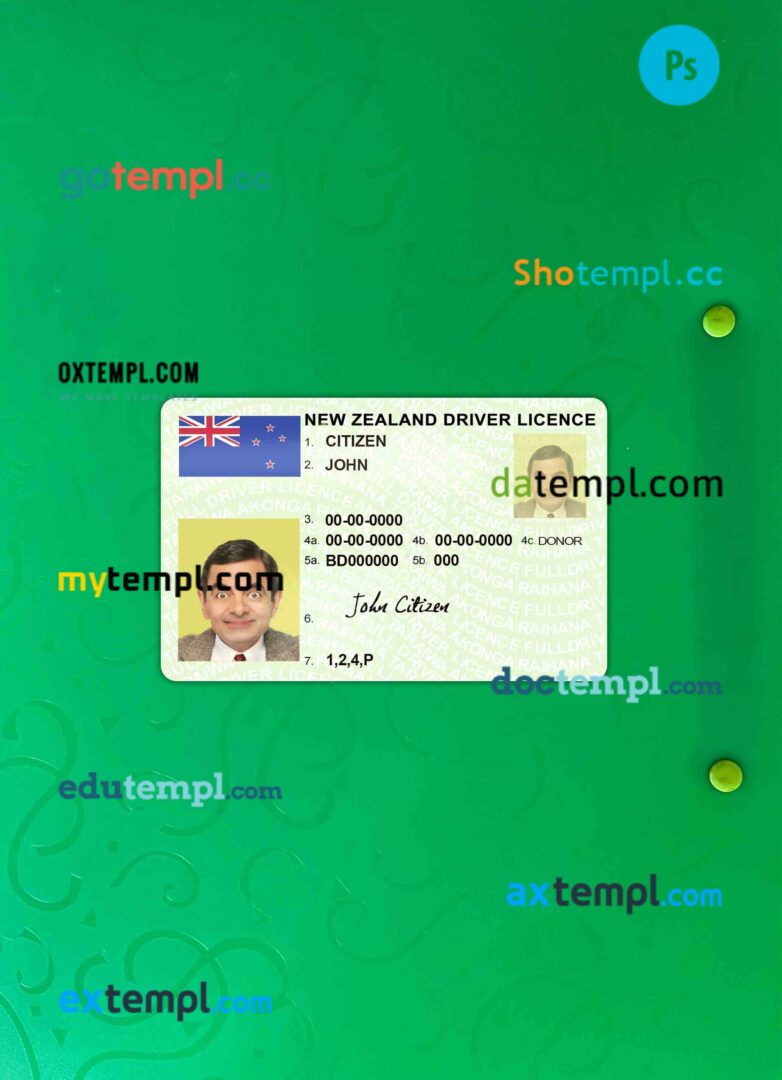 New Zealand green driving license PSD files, scan look and photographed image, 2 in 1 (fully qualified)
