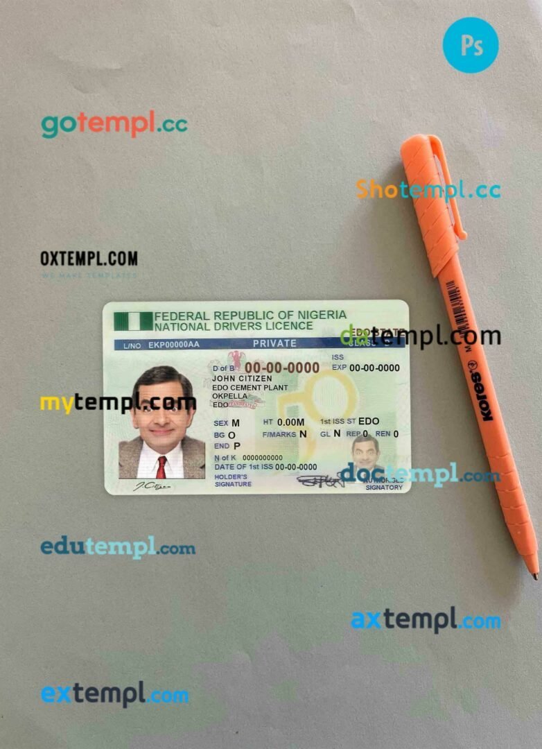 Nigeria driving license editable PSD files, scan look and photo-realistic look, 2 in 1