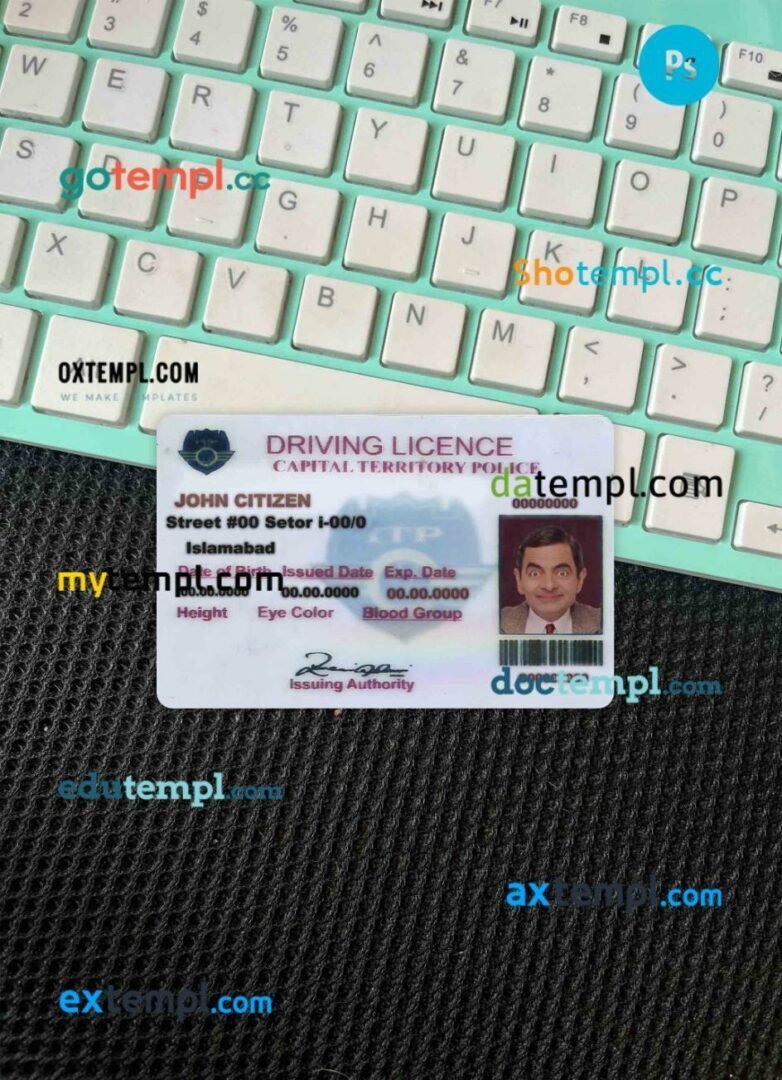 Pakistan (Islamabad) driving license editable PSD files, scan look and photo-realistic look, 2 in 1