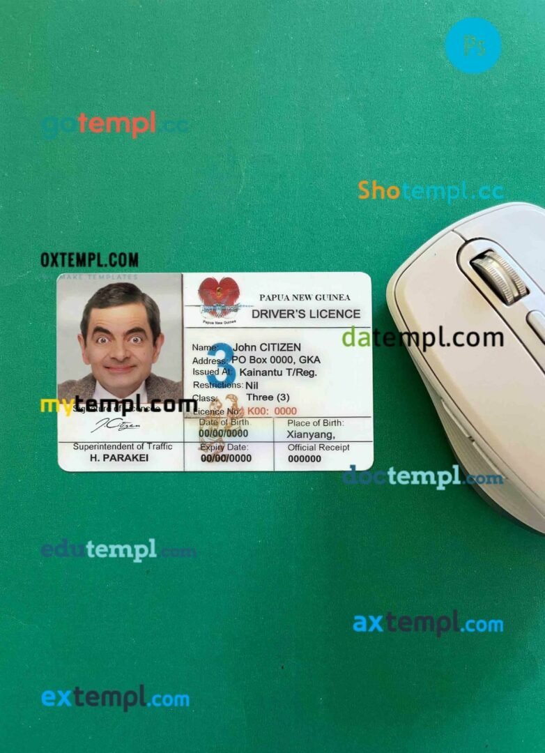 Papua New Guinea driving license editable PSD files, scan look and photo-realistic look, 2 in 1