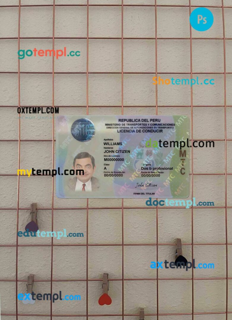 Peru driving license editable PSD files, scan look and photo-realistic look, 2 in 1