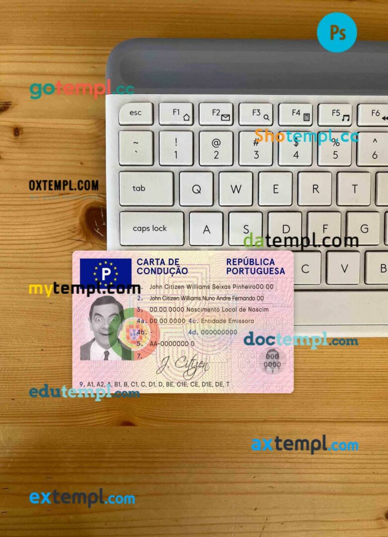 Portugal driving license editable PSD files, scan look and photo-realistic look, 2 in 1