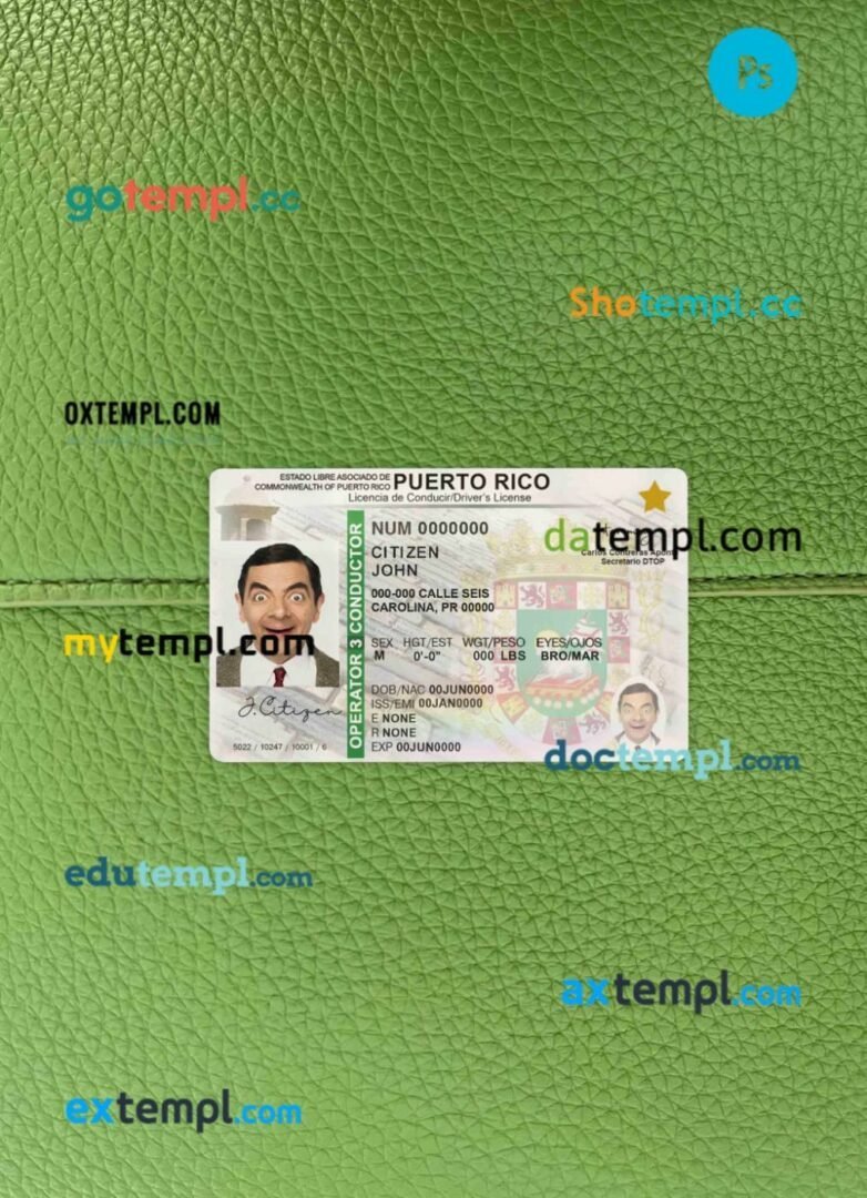 Puerto Rico driving license PSD files, scan look and photographed image, 2 in 1