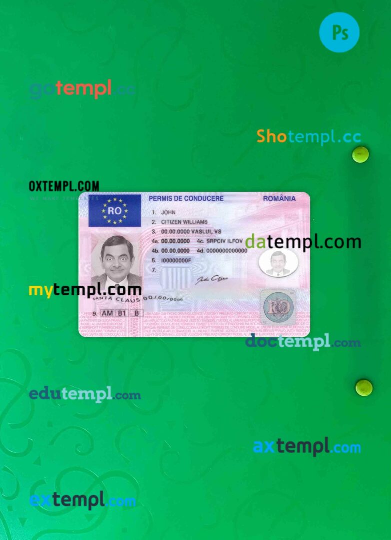 Romania driving license PSD files, scan look and photographed image, 2 in 1