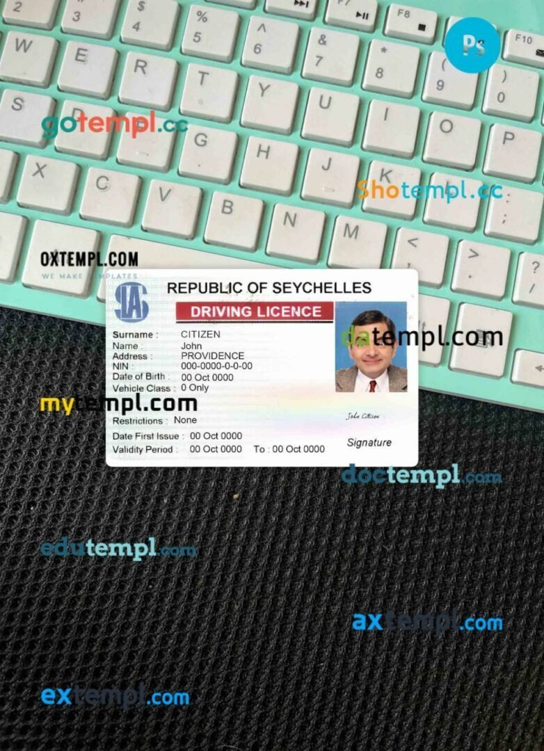 Seychelles driving license editable PSD files, scan look and photo-realistic look, 2 in 1