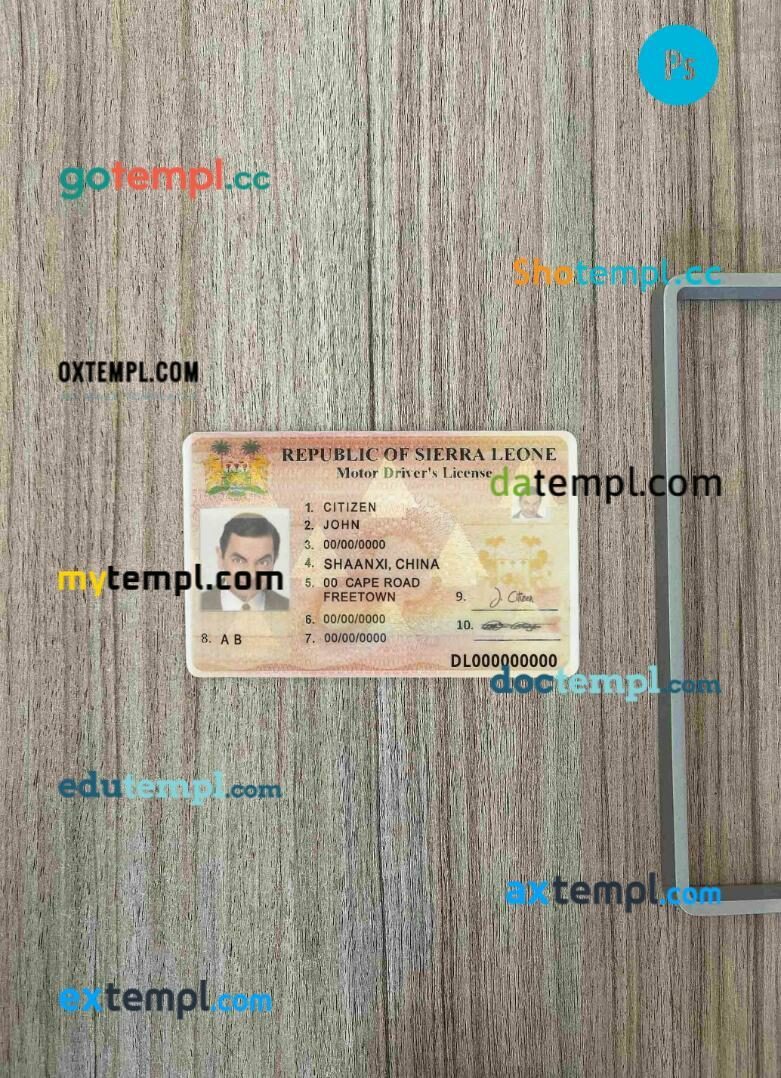 Sierra Leone driving license PSD files, scan look and photographed image, 2 in 1