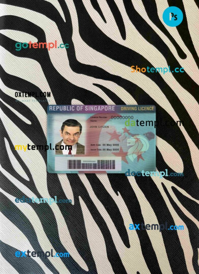 Singapore driving license editable PSD files, scan look and photo-realistic look, 2 in 1