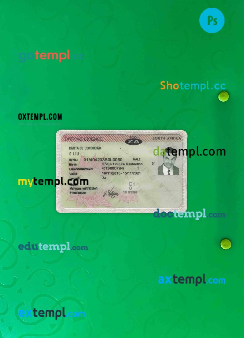 South Africa driving license editable PSD files, scan look and photo-realistic look, 2 in 1